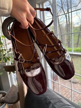 American Eagle Outfitters Patent Triple-Strap Mary Janes in Burgundy